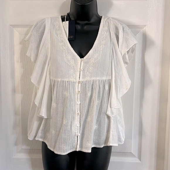 RACHEL Rachel Roy Tops - Rachel Roy off white Boho type short top, size Large, NWT.